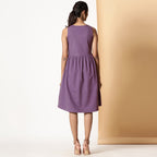 Back View of a Model wearing Grape Wine Warm Cotton Flannel Knee Length Yoke Dress