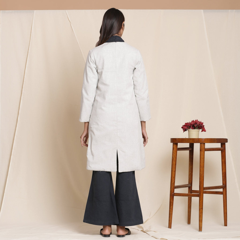 Back View of a Model wearing Cloudy Grey Warm Cotton Front Open Overlay