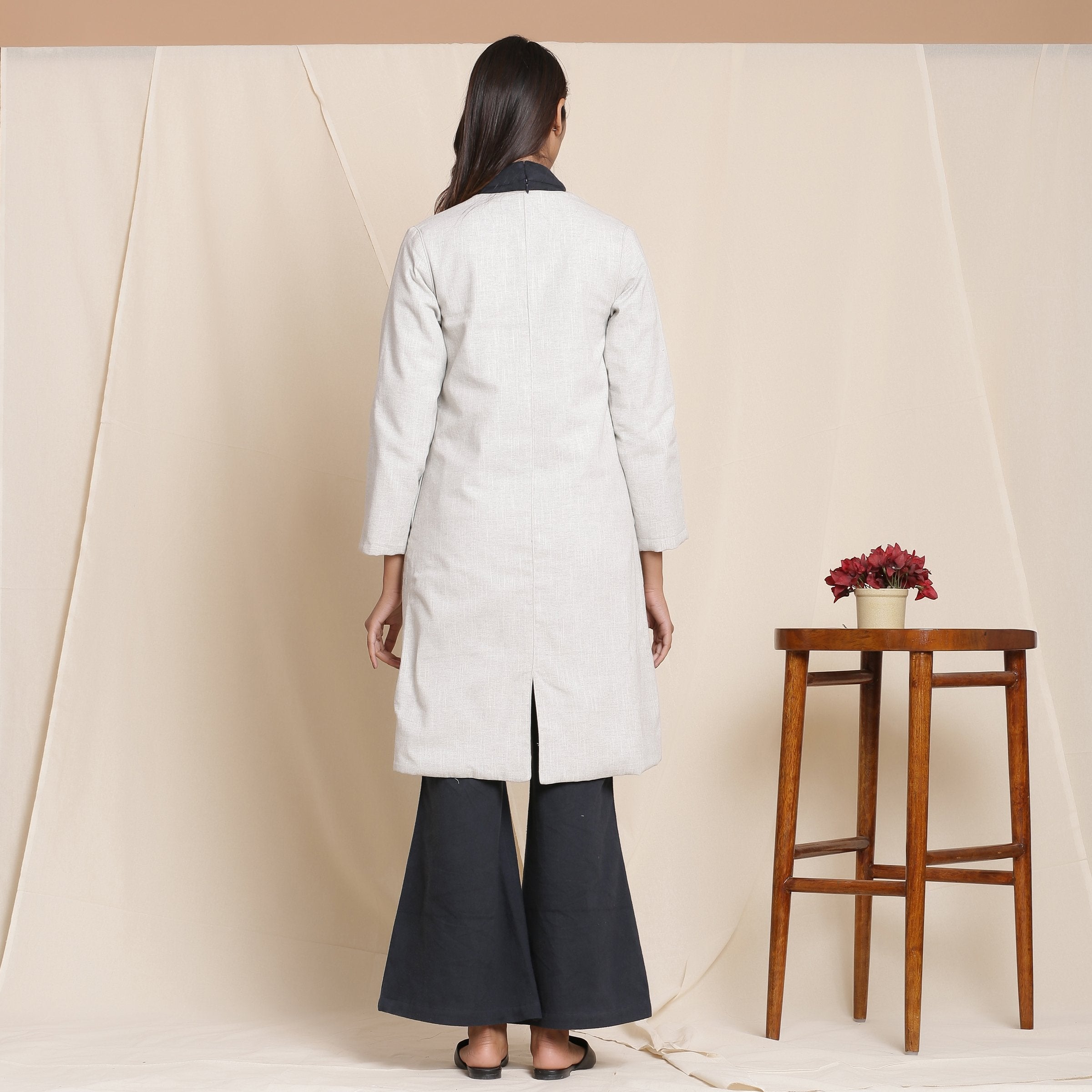 Back View of a Model wearing Cloudy Grey Warm Cotton Front Open Overlay