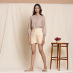 Front View of a Model wearing Dusk Beige Warm Cotton Flannel High-Rise Short Shorts