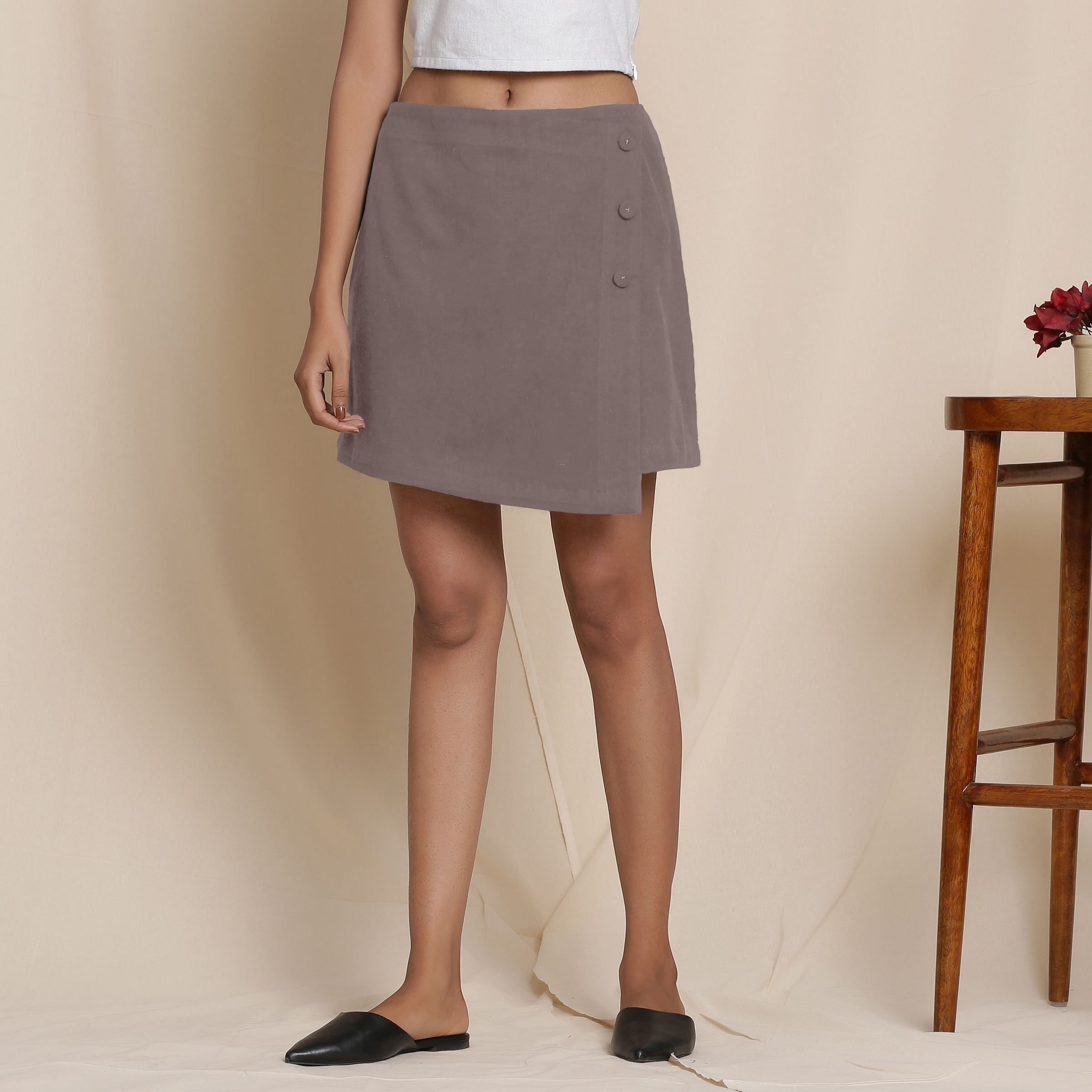 Front View of a Model wearing Warm Flannel Ash Grey Overlap Skirt