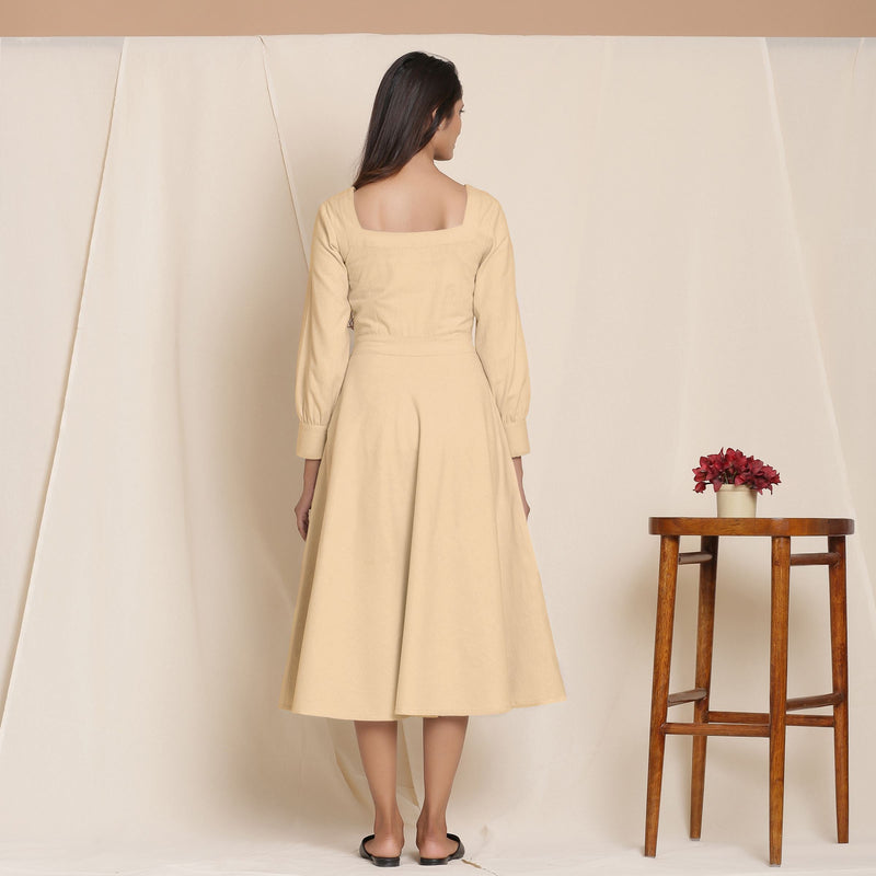 Back View of a Model wearing Warm Flannel Beige and Flare Dress