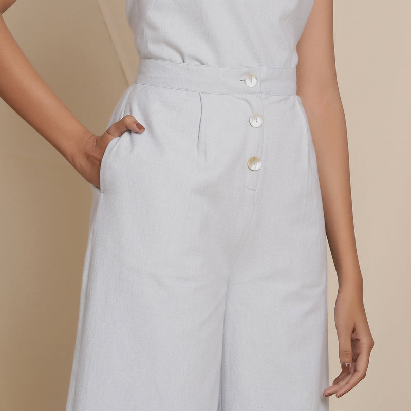 Front Detail of a Model wearing Cloudy Grey Warm Cotton Flannel Mid-Rise Culottes