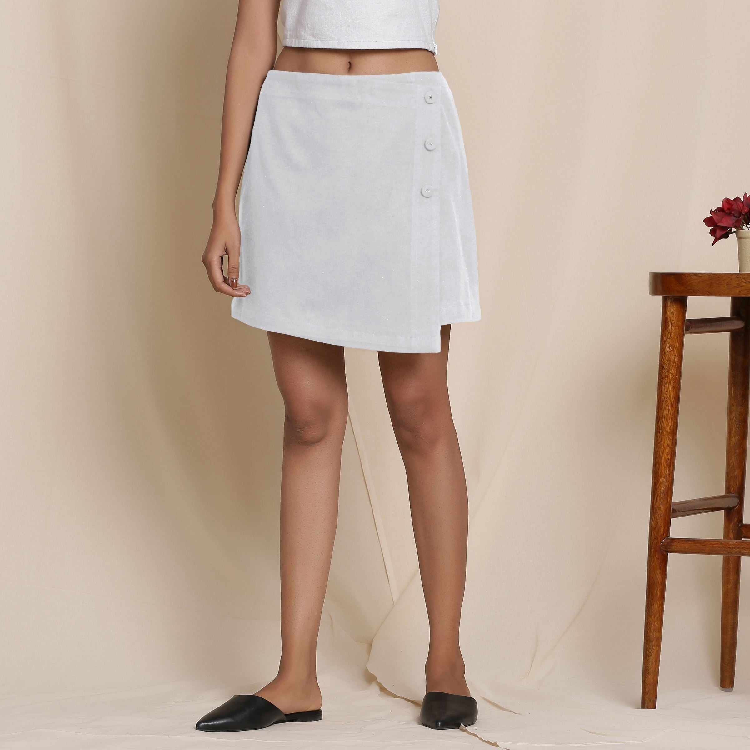 Front View of a Model wearing Warm Flannel Cloudy Grey Overlap Skirt