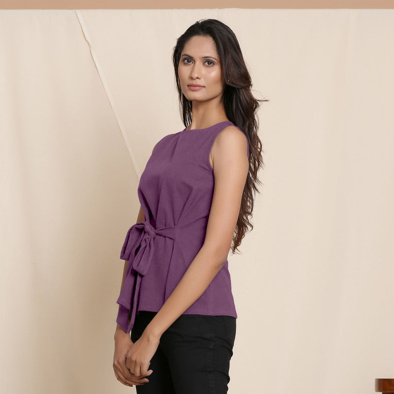 Left View of a Model wearing Warm Grape Wine A-Line Cotton Top