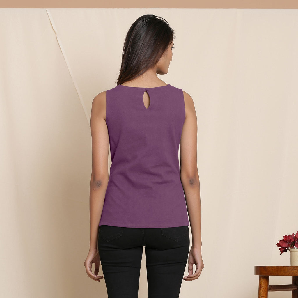 Back View of a Model wearing Warm Grape Wine A-Line Cotton Top