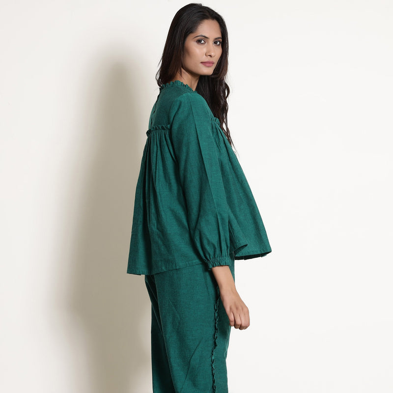 Right View of a Model wearing Green Warm Cotton Frilled Gathered Yoke Top