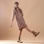 Right View of a Model wearing Warm Kalamkari Block Print Knee Length Cotton Dress