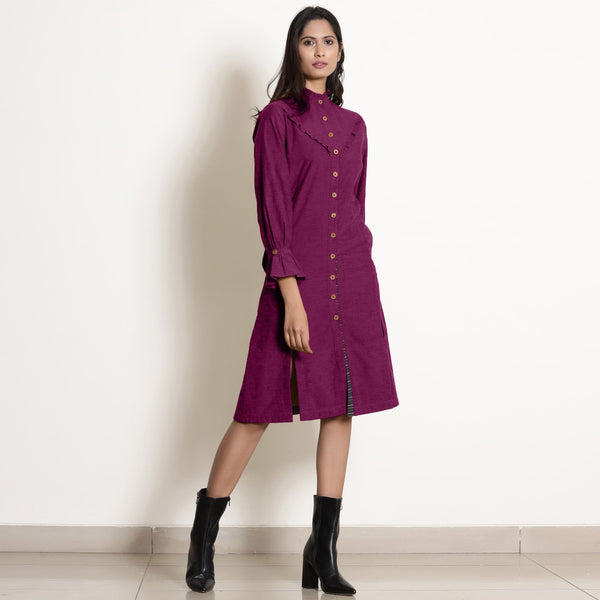 Right View of a Model wearing Warm Magenta Button-Down Frilled Collar Dress