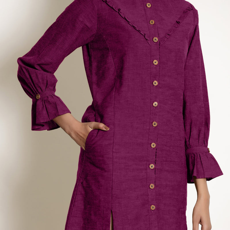 Front Detail of a Model wearing Warm Magenta Button-Down Frilled Collar Dress