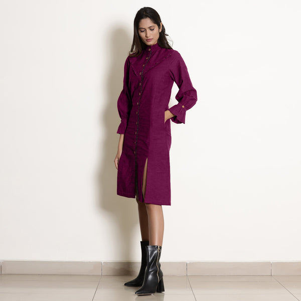 Front View of a Model wearing Warm Magenta Button-Down Frilled Collar Dress