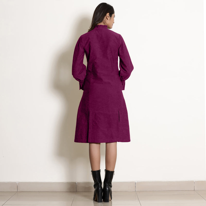 Back View of a Model wearing Warm Magenta Button-Down Frilled Collar Dress