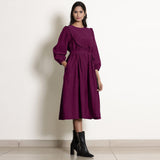 Right View of a Model wearing Warm Mulberry 100% Cotton Frilled Yoke Dress