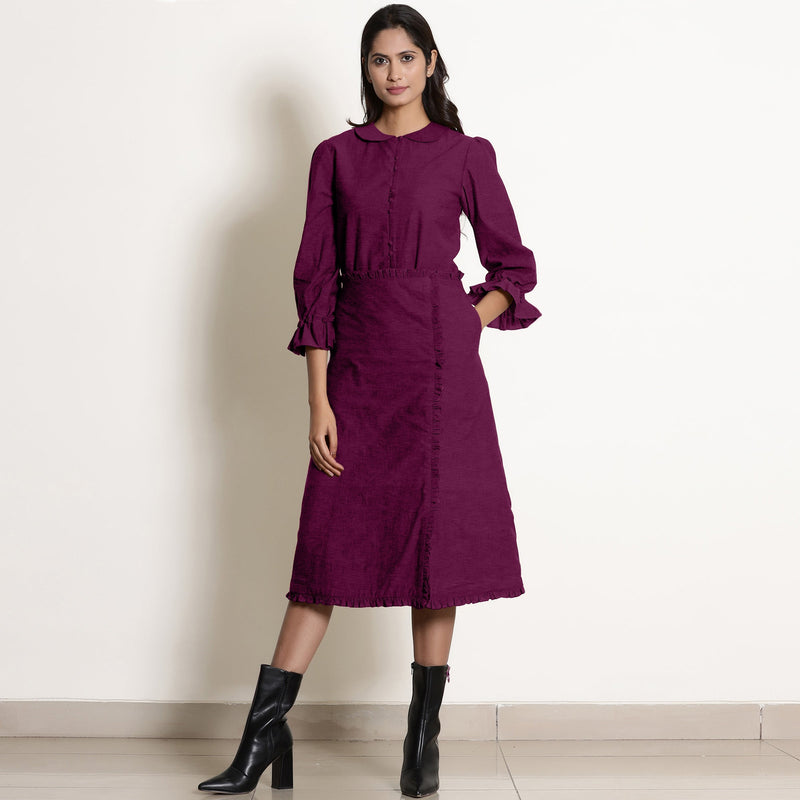 Front View of a Model wearing Warm Mulberry A-Line Frilled Cotton Skirt