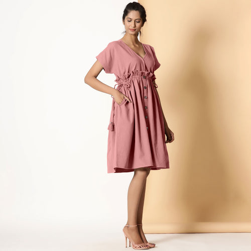 Right View of a Model wearing Powder Pink Warm Cotton Flannel Knee Length Frilled Dress