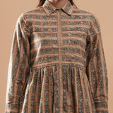 Front Detail of a Model wearing Beige Floral Warm Block Print Cotton Shirt