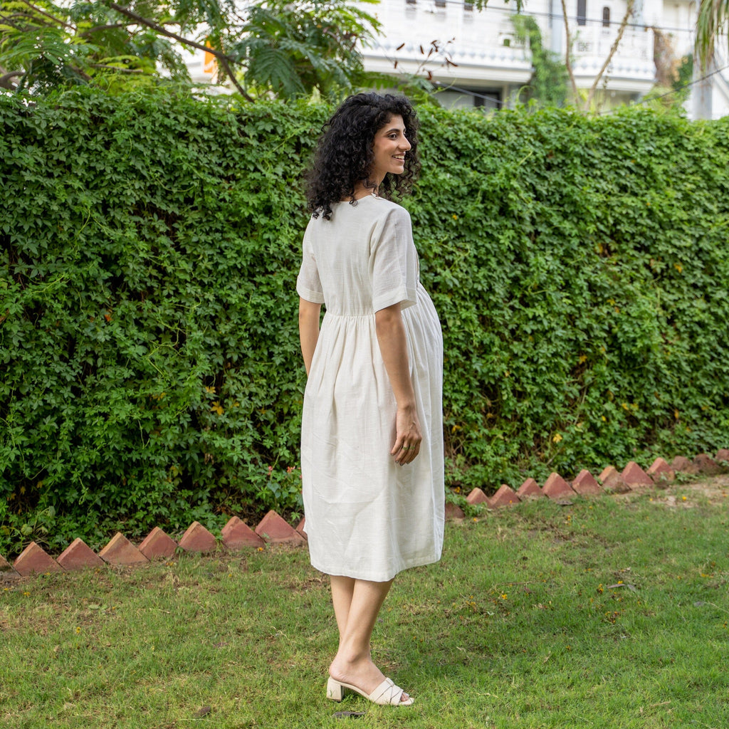 White 100% Cotton Button-Down Knee Length Pre and Post Maternity Dress