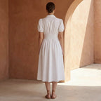 White 100% Cotton Button-Down Midi Shirt Dress