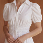 White 100% Cotton Button-Down Midi Shirt Dress
