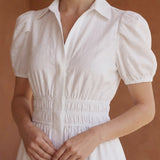 White 100% Cotton Button-Down Midi Shirt Dress
