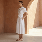 White 100% Cotton Button-Down Midi Shirt Dress