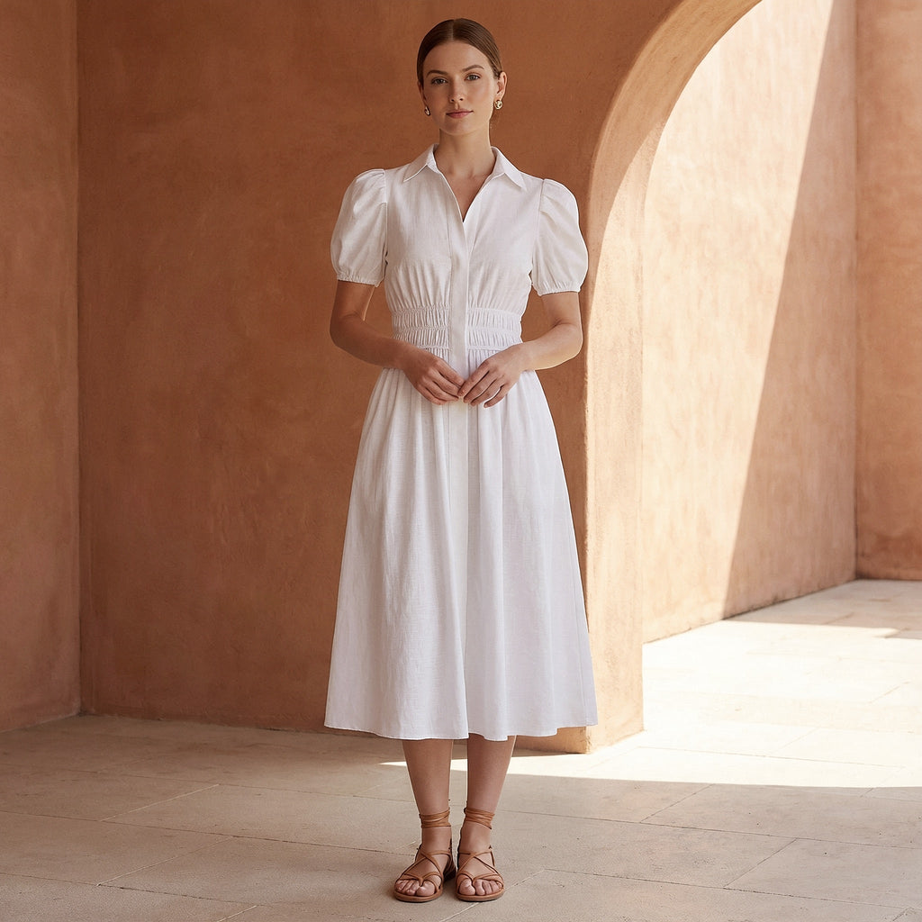 White 100% Cotton Button-Down Midi Shirt Dress