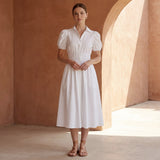 White 100% Cotton Button-Down Midi Shirt Dress