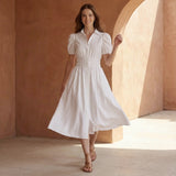 White 100% Cotton Button-Down Midi Shirt Dress