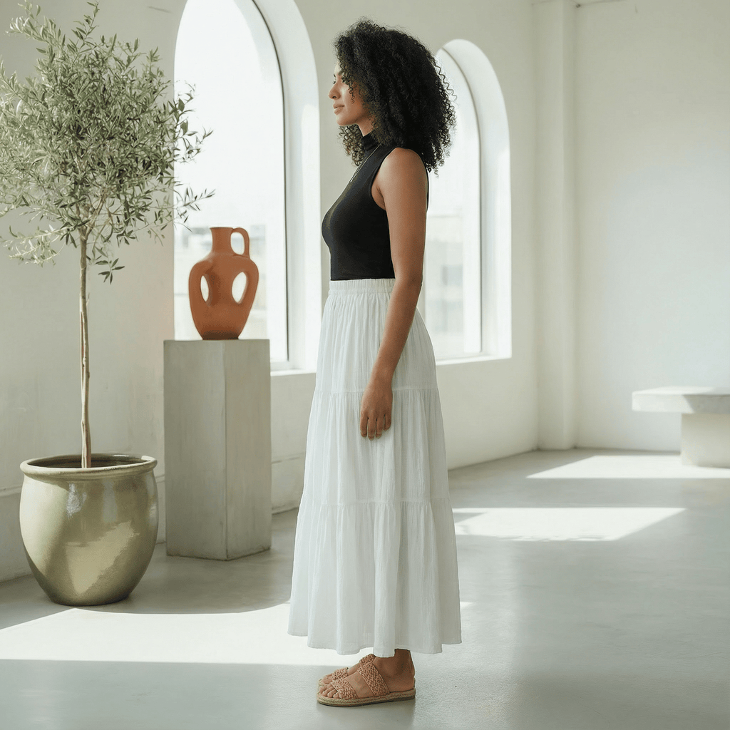 White 100% Cotton Elasticated Maxi Tier Skirt
