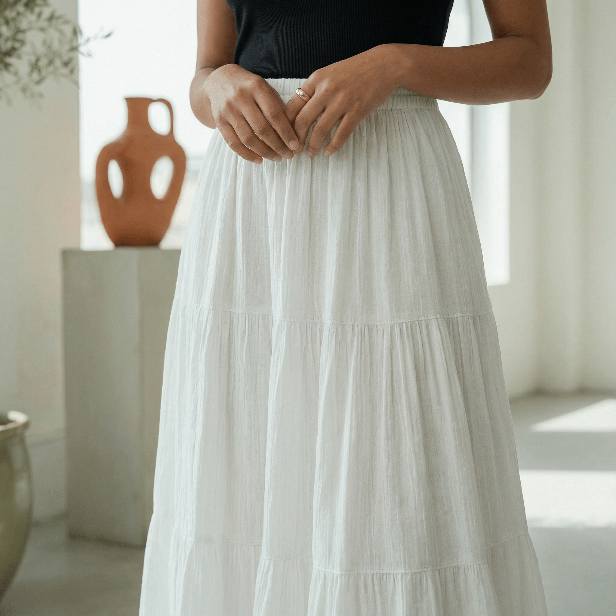 White 100% Cotton Elasticated Maxi Tier Skirt