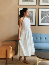 White 100% Cotton Halter Neck Tier Midi Dress