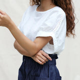 Left Detail of a Model wearing White 100% Cotton Hand-Beaded Drop Shoulder Button-Down Shirt