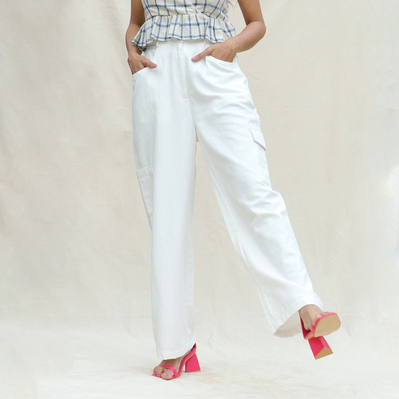 Front View of a Model wearing White 100% Cotton Elasticated High-Rise Cargo Pant