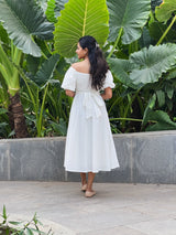 White 100% Cotton Midi Off-Shoulder Dress