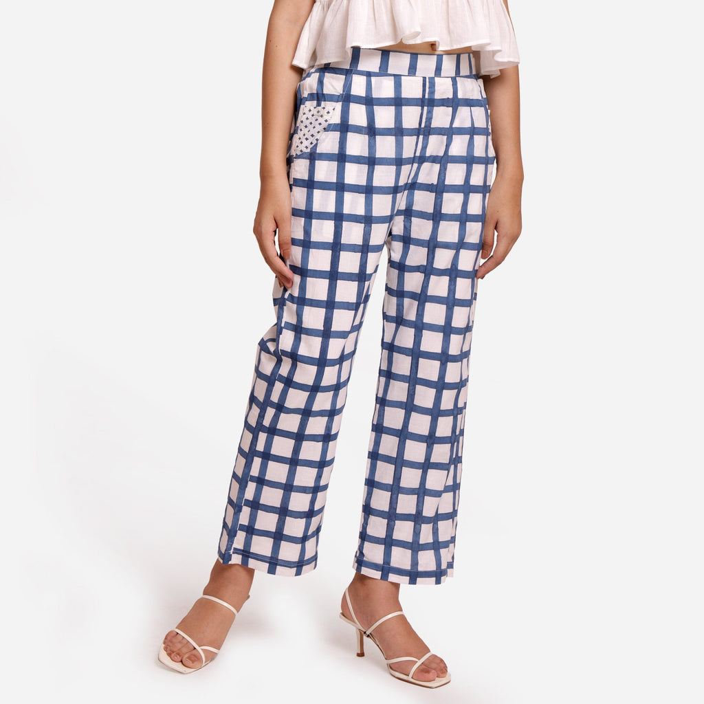 Front View of a Model wearing White and Blue Checks Block Print Ankle Length Cotton Pant