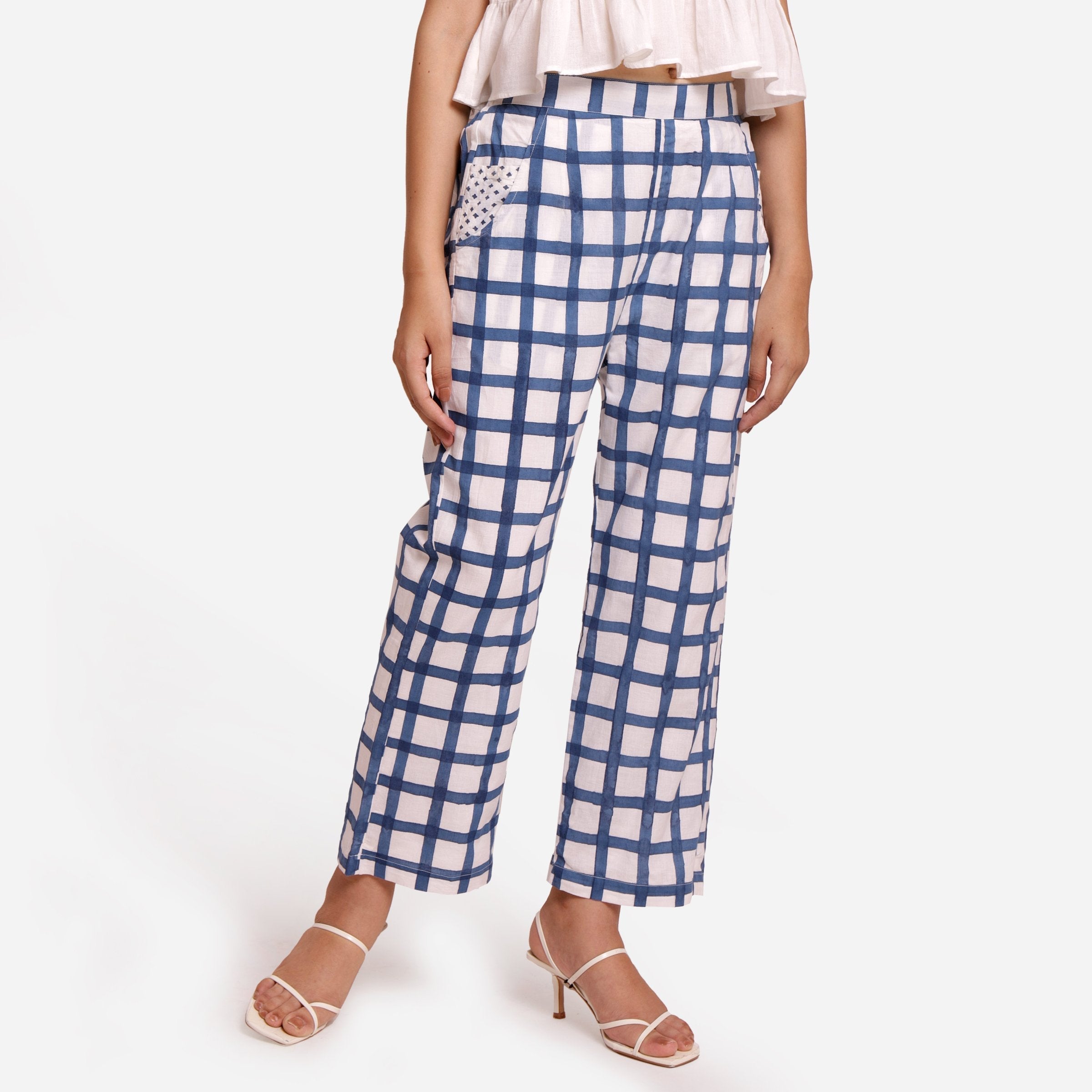Front View of a Model wearing White and Blue Checks Block Print Ankle Length Cotton Pant