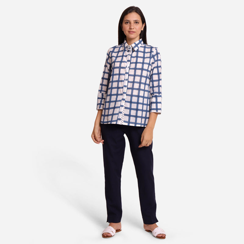 Front View of a Model wearing White and Blue Button Down Check Shirt