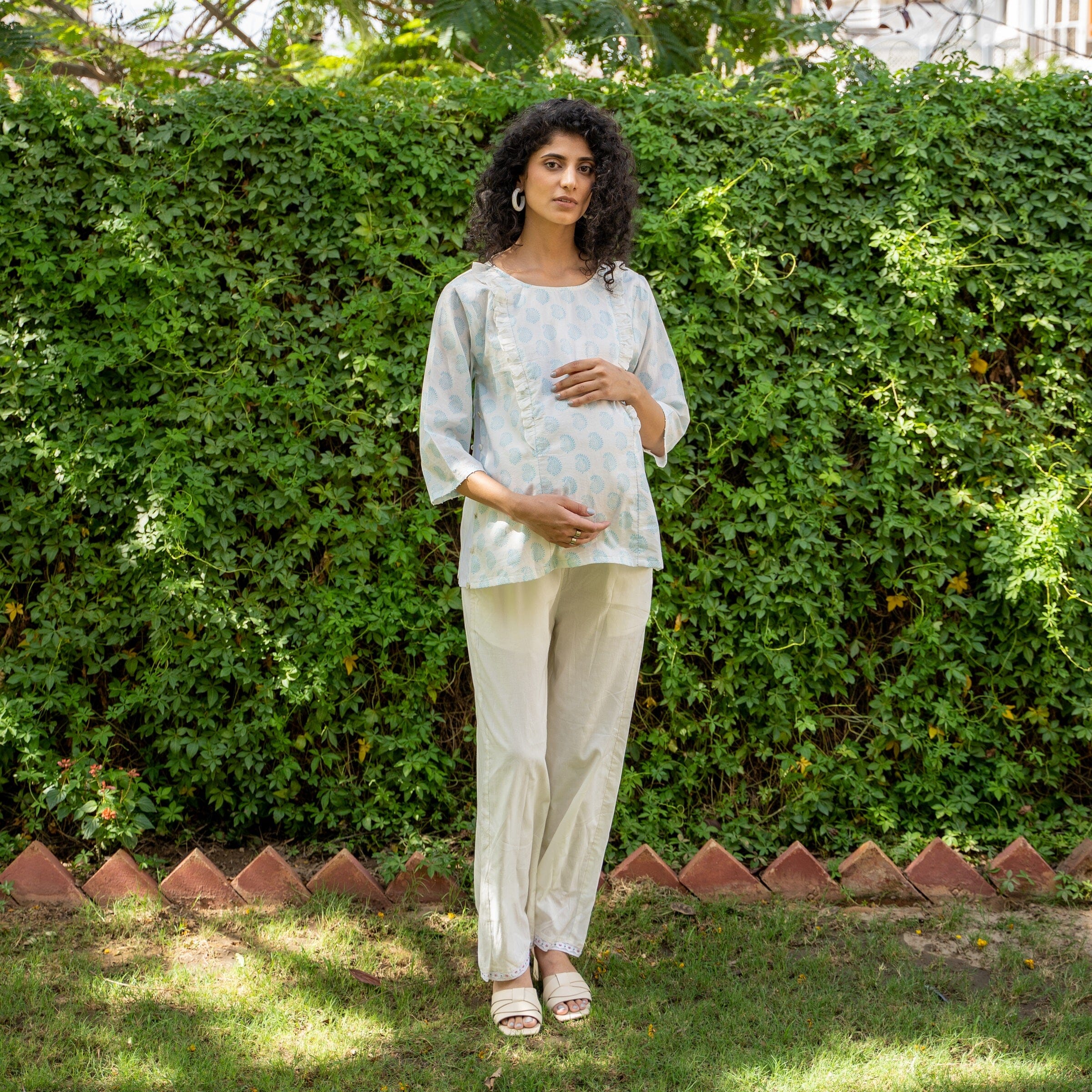 White and Blue Paisley Block Printed Cotton A-Line Godet Pre and Post Maternity Top