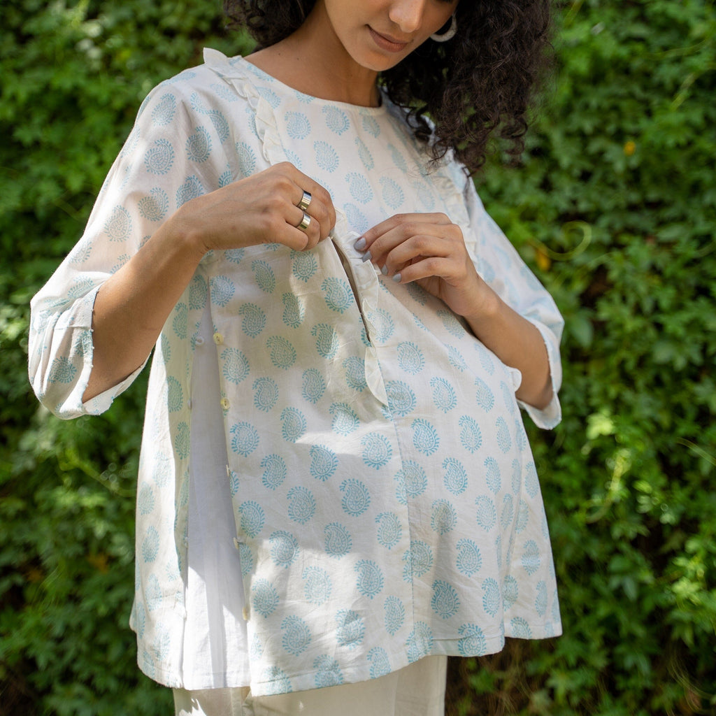 White and Blue Paisley Block Printed Cotton A-Line Godet Pre and Post Maternity Top