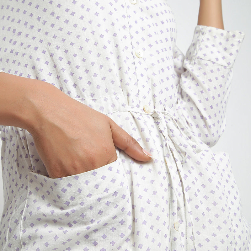 Close View of a Model wearing White And Purple Hand Block Print Overall