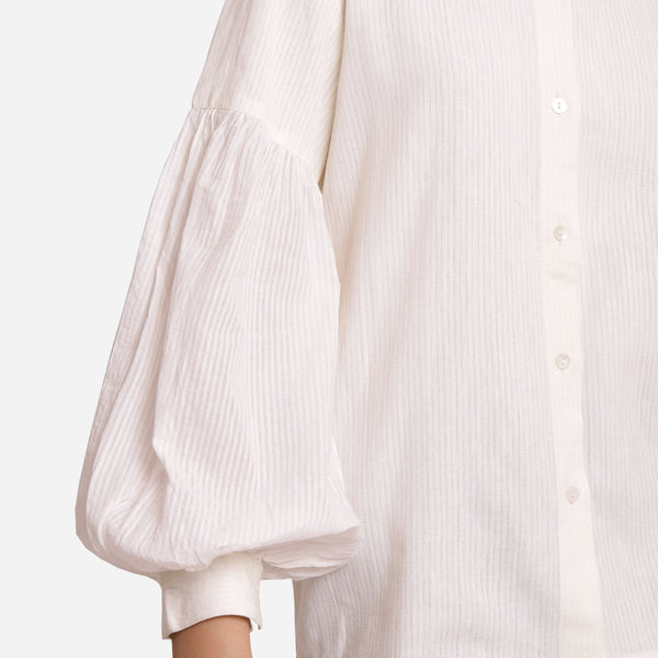 Close View of a Model wearing White Bishop Sleeve Cotton Shirt