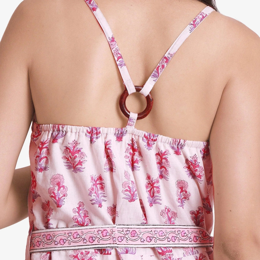 Back Detail of a Model wearing White Block Print Ankle Length Cotton Camisole Jumpsuit
