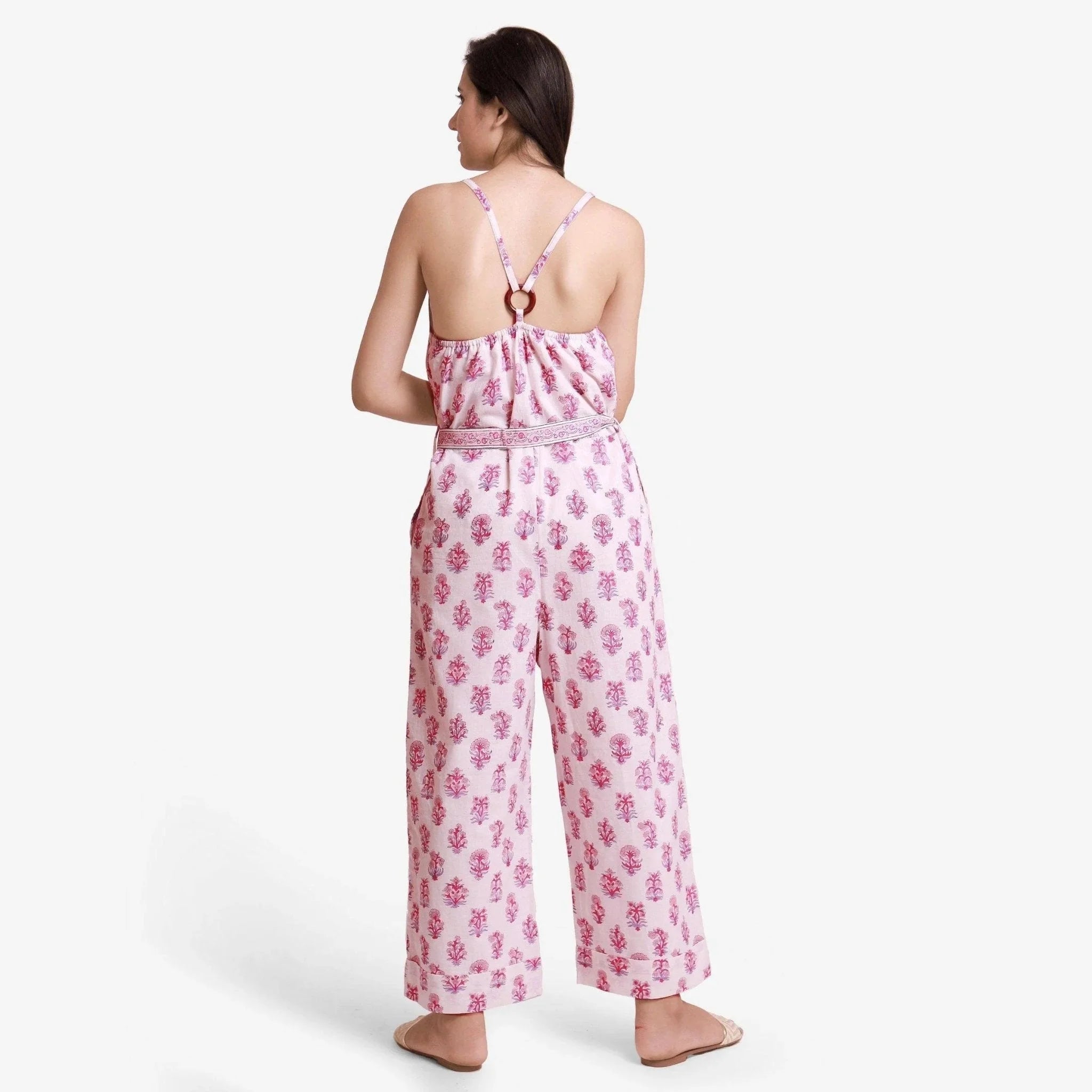 Back View of a Model wearing White Block Print Ankle Length Cotton Camisole Jumpsuit