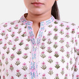 Front Detail of a Model wearing White Block Print Cotton Lace Mandarin Collar Top