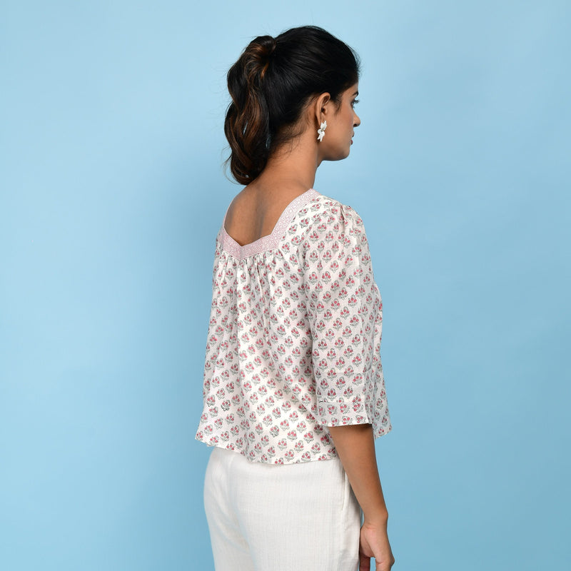 Back View of a Model wearing White Block Printed 100% Cotton Short Top
