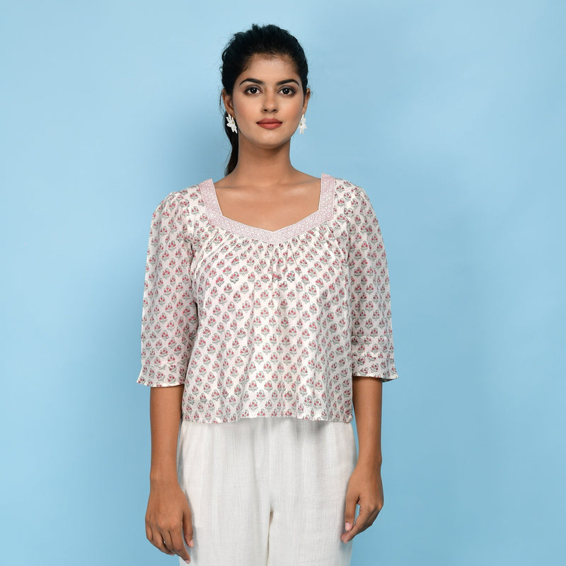 Front View of a Model wearing White Block Printed 100% Cotton Short Top