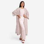 Front View of a Model wearing White Block Printed Straight Shrug
