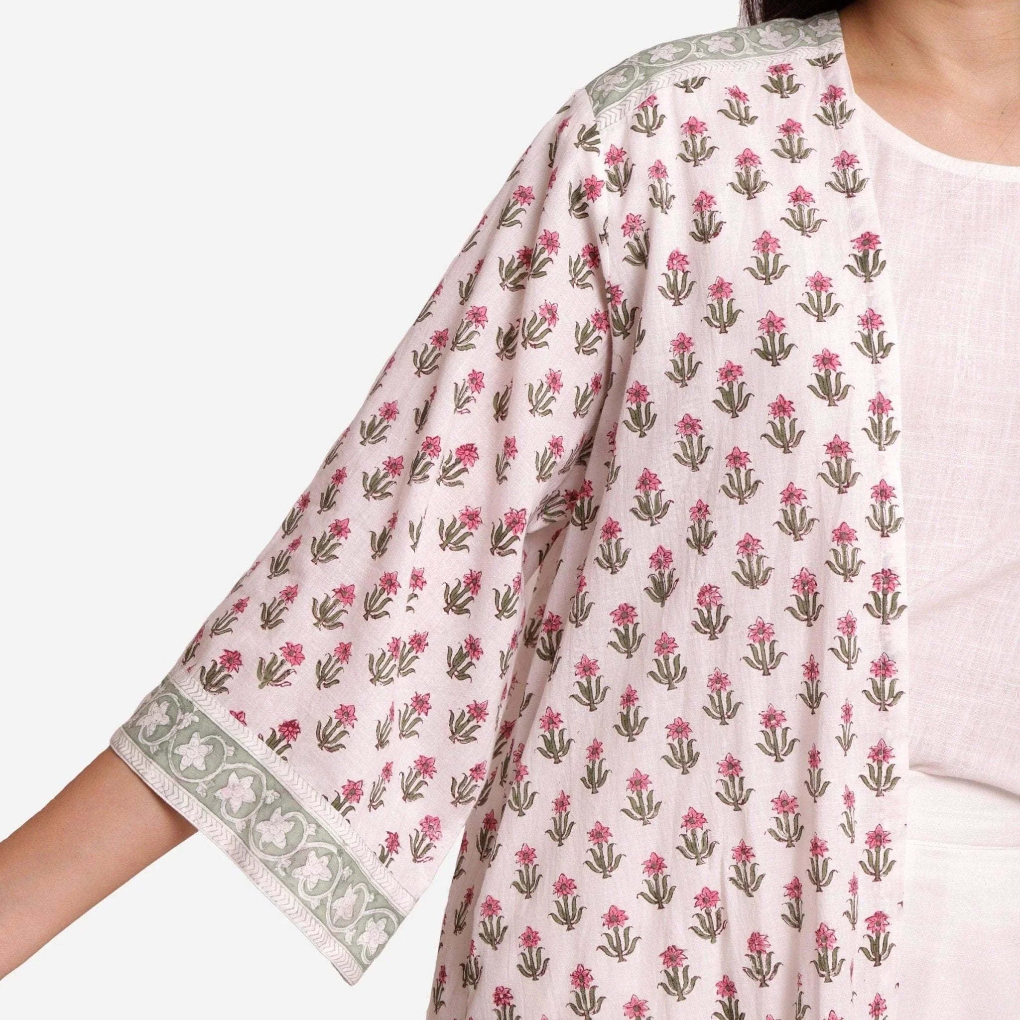 Right Detail of a Model wearing White Block Printed Straight Shrug