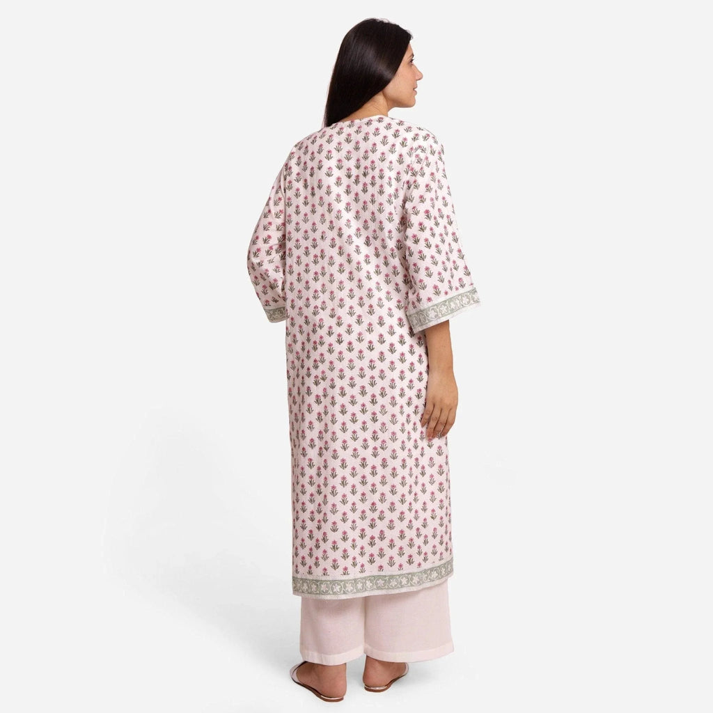 Back View of a Model wearing White Block Printed Straight Shrug