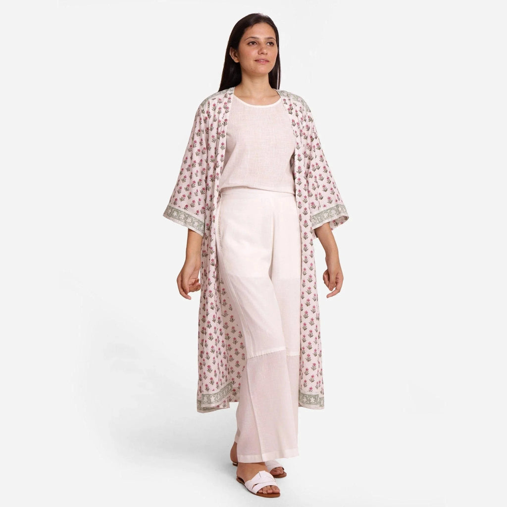 Front View of a Model wearing White Block Printed Straight Shrug